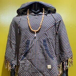 Cotton Diamond-Cut Front Pocket Hoodie Poncho - Stripes (Rasta)